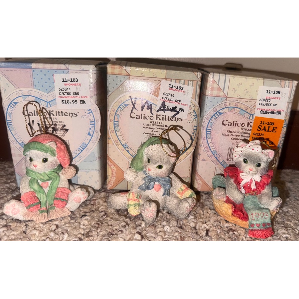 Vintage Enesco Calico Kittens Ornaments Set of 3 Priscilla Hillman 1993 623814 - Picture 2 of 6